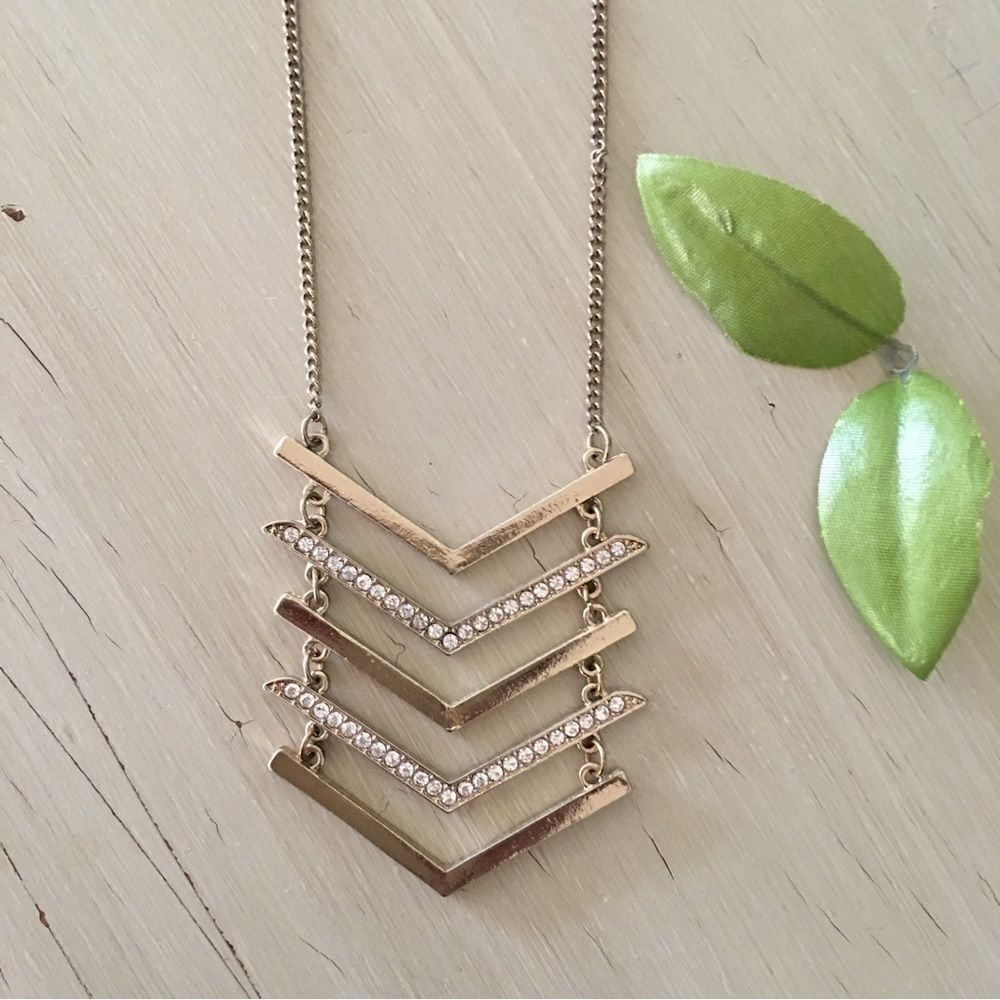 Long Chain Necklace with Chevron & Clear Stones